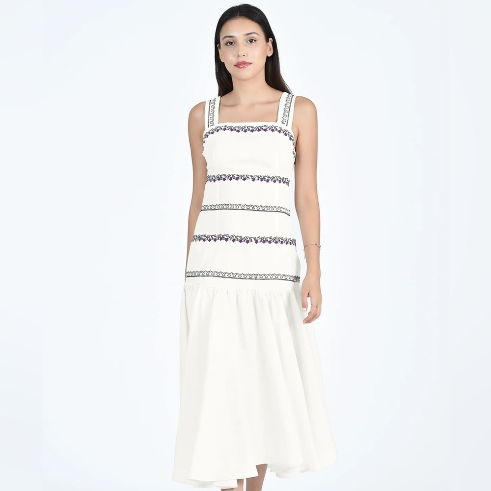 Fanm Mon Ivory Embroidered Midi Dress | Size Large | Current MSRP $439